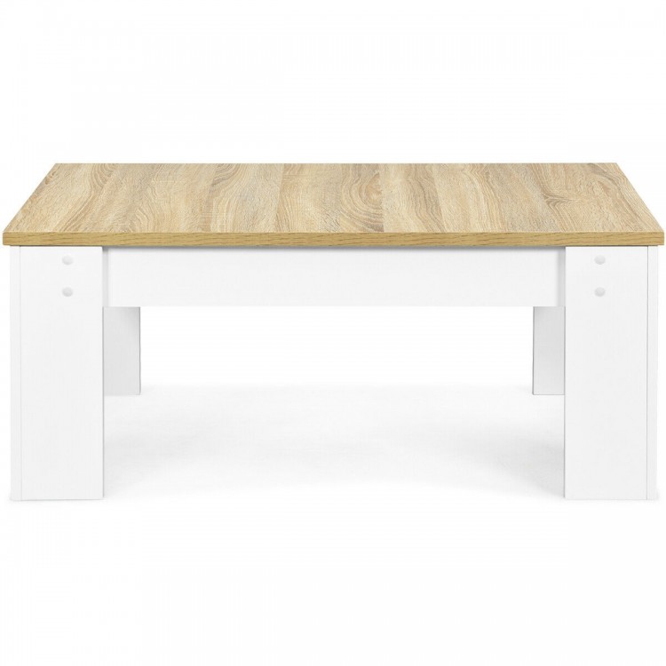 Lift top coffee table in white with oak finish, featuring a hidden storage compartment and adjustable height for.