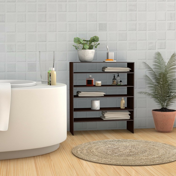 Stackable brown shoe rack with multiple shelves, ideal for storage and organization in home or office settings.