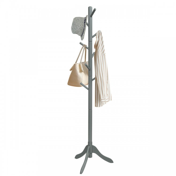 Adjustable gray wooden coat rack with 8 hooks and tri-legged base, perfect for organizing clothes and bags in any room.