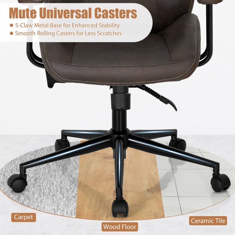High adjustable back executive office chair in brown with 5-claw metal base and smooth rolling casters for stability.