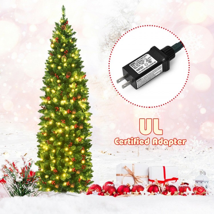 6.5 feet pre-lit hinged pencil Christmas tree with 250 LED lights and UL certified adapter, perfect for small spaces.
