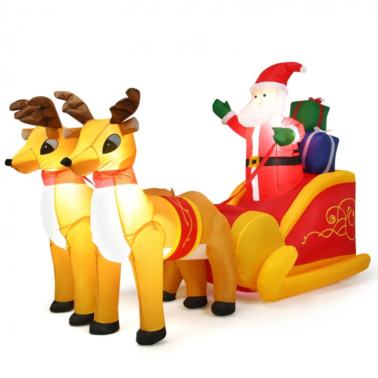 Side view of the inflatable Santa on sled with double deer, showcasing waterproof fabric and festive design for outdoor.