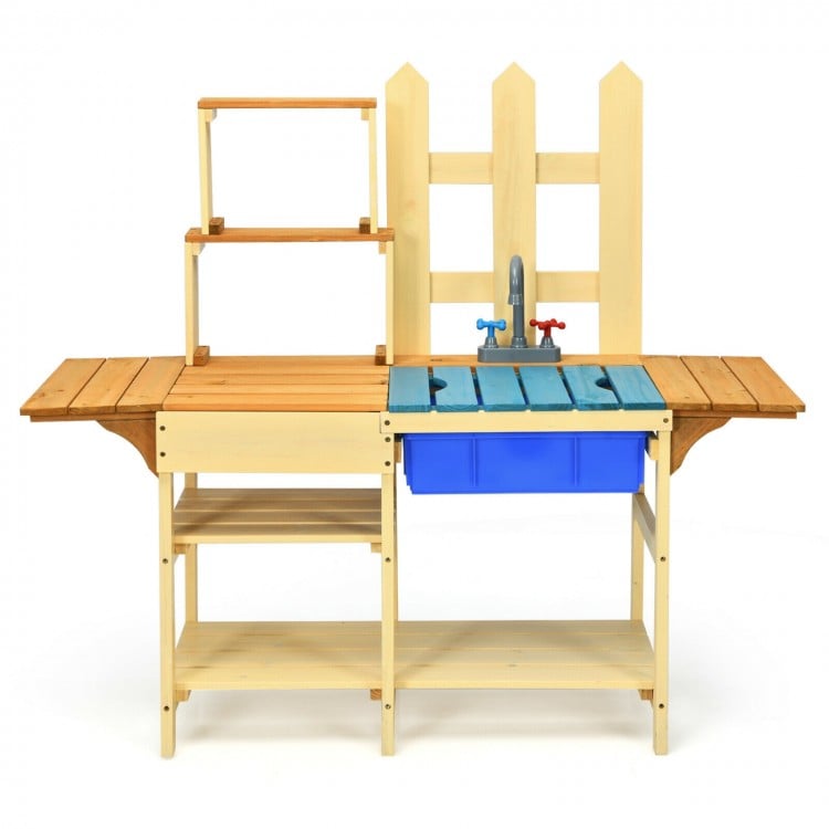 Kid's outdoor wooden pretend cook kitchen playset with blue basin, natural fir wood, ideal for imaginative play in the.