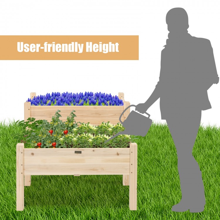 2 Tier Wooden Elevated Planter Box with legs, made of fir wood, designed for easy gardening and featuring drainage.