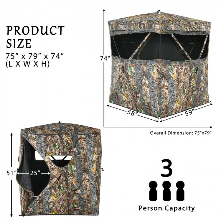 3 Person Portable Surround View Tent with camouflage design, featuring multiple windows for enhanced visibility and.