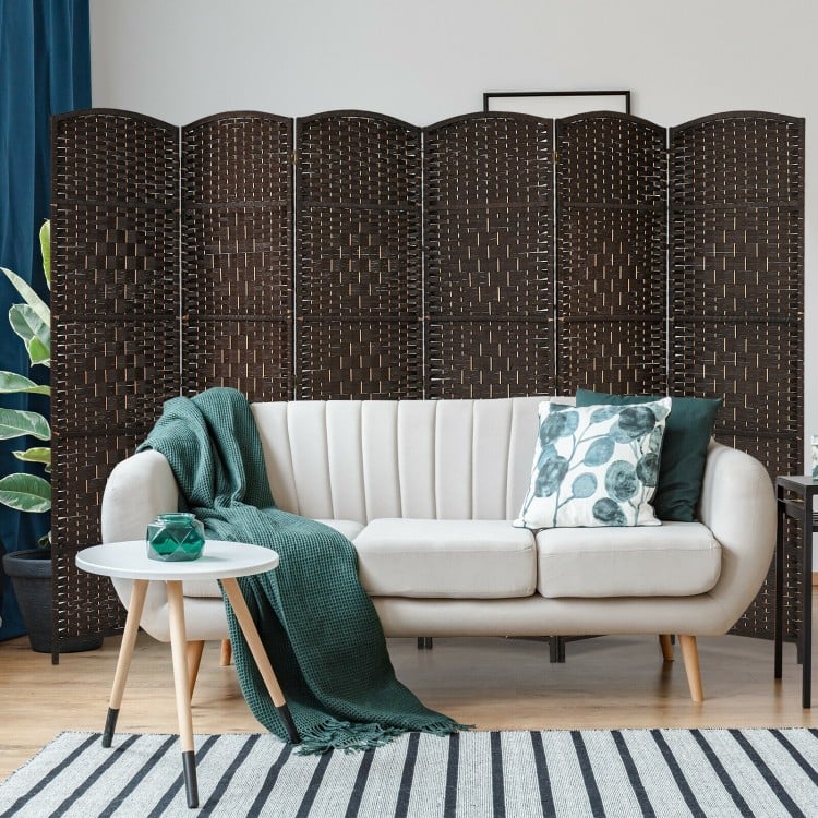 6-panel brown weave folding room divider screen made of handwoven fiber rattan, ideal for privacy in any space.
