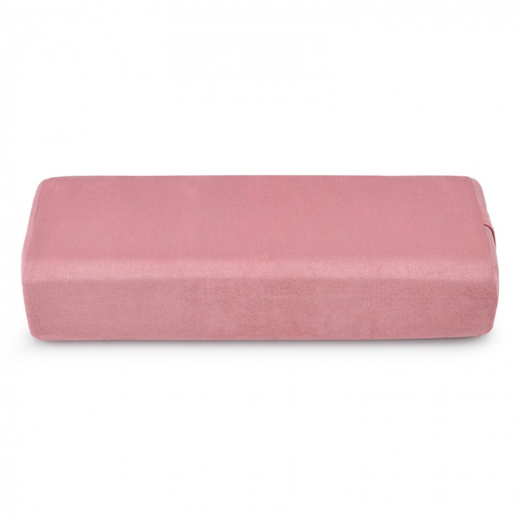 Yoga bolster pillow in pink with washable cover and carry handle, designed for comfort and support during yoga.