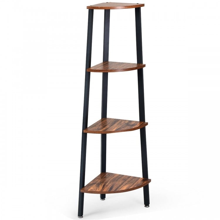 4-tier corner shelf with brown chipboard and black metal frame, ideal for compact spaces in living rooms or studies.