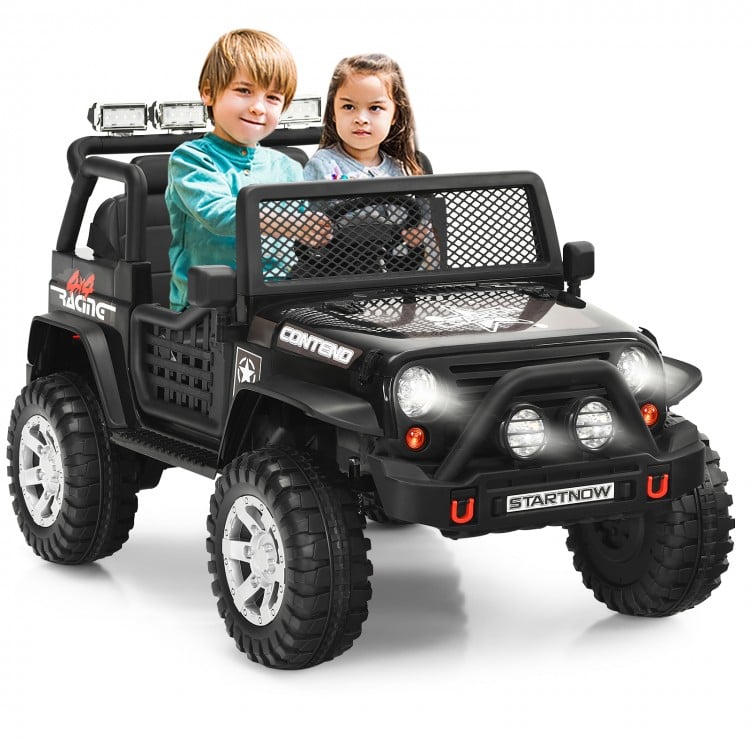 Kids electric ride-on truck in black with parental remote control, featuring lights, sounds, and spring suspension for.