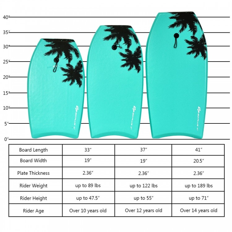 33-inch lightweight bodyboard in turquoise with palm tree design, ideal for water sports and summer surfing fun.