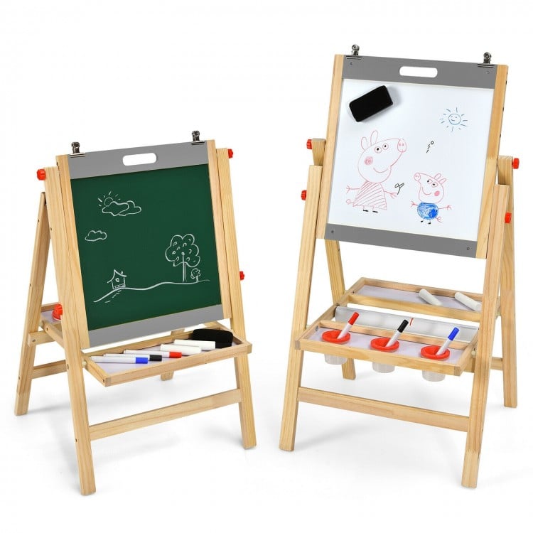 Kids art easel showcasing a sturdy wooden frame, adjustable height, and versatile double-sided surfaces for creative.