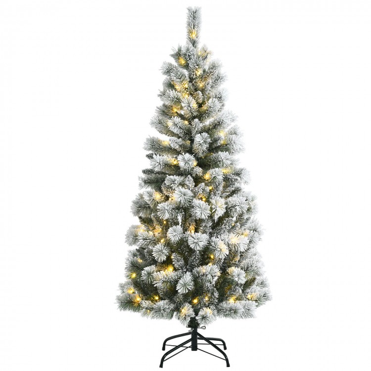 5 feet snow-flocked Christmas tree with hinged branches and 140 LED lights, ideal for creating a joyful holiday.