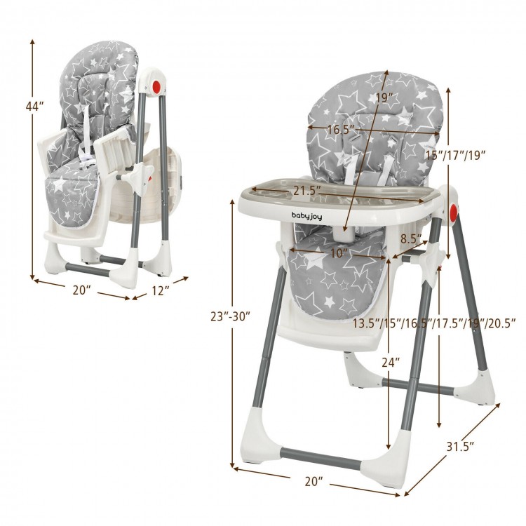 Folding baby high dining chair in gray with 6 height adjustments and detachable tray, ideal for feeding and.
