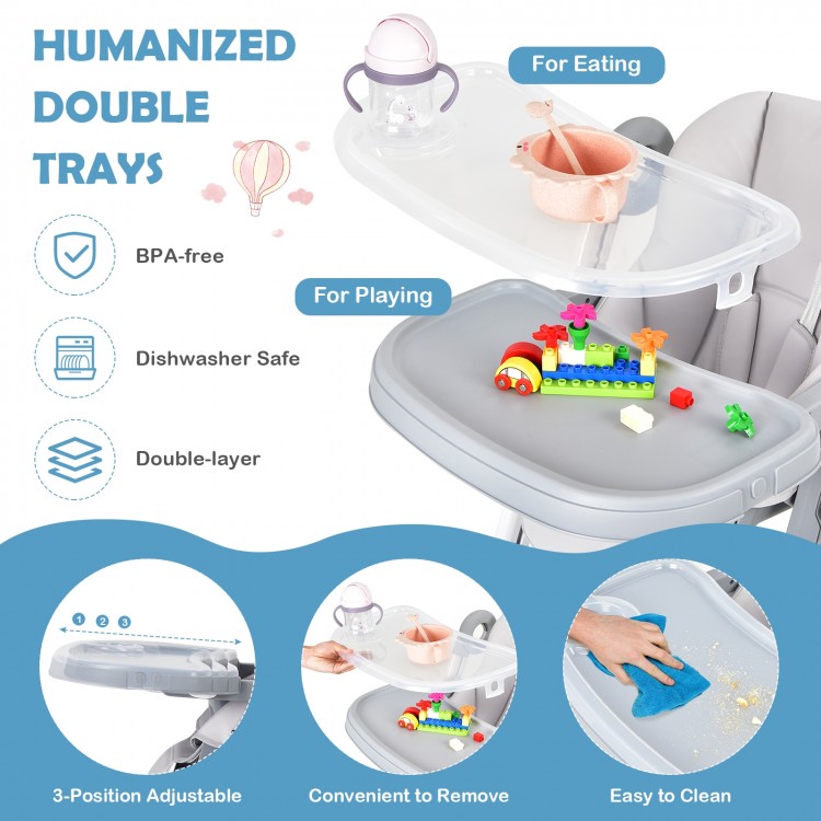 Double-layer food trays of the gray baby high chair, adjustable for eating and playing, easy to clean and detachable.