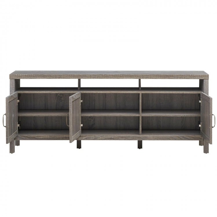 Gray Universal TV stand with open shelf and three cabinets for storage, accommodating TVs up to 65 inches.