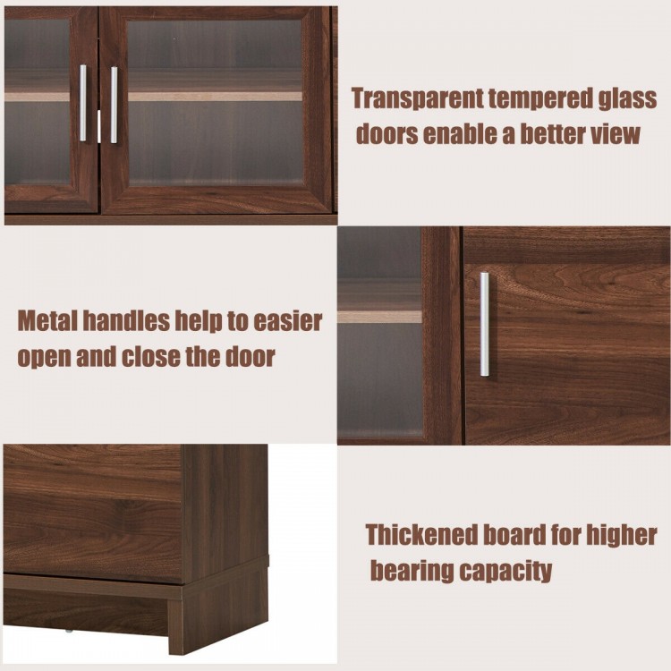 Transparent tempered glass doors and metal handles on the walnut media entertainment TV stand for easy access and style.