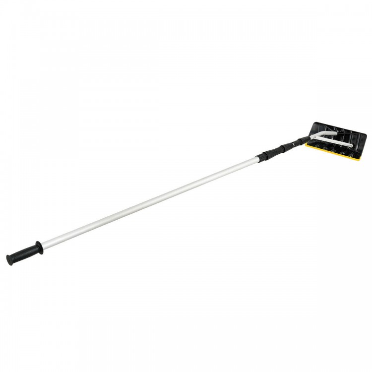 Lightweight telescoping snow roof rake with large blade and anti-skid handle, designed for easy snow removal from high.