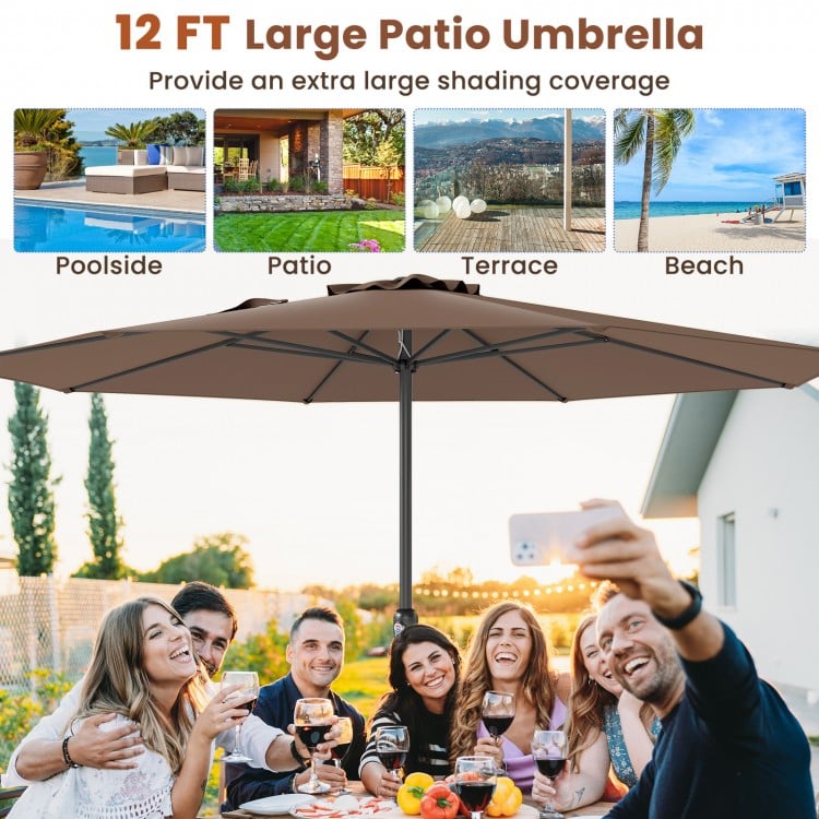 12 ft coffee patio umbrella with crank handle and 8 sturdy ribs, perfect for shading at poolside or patio gatherings.