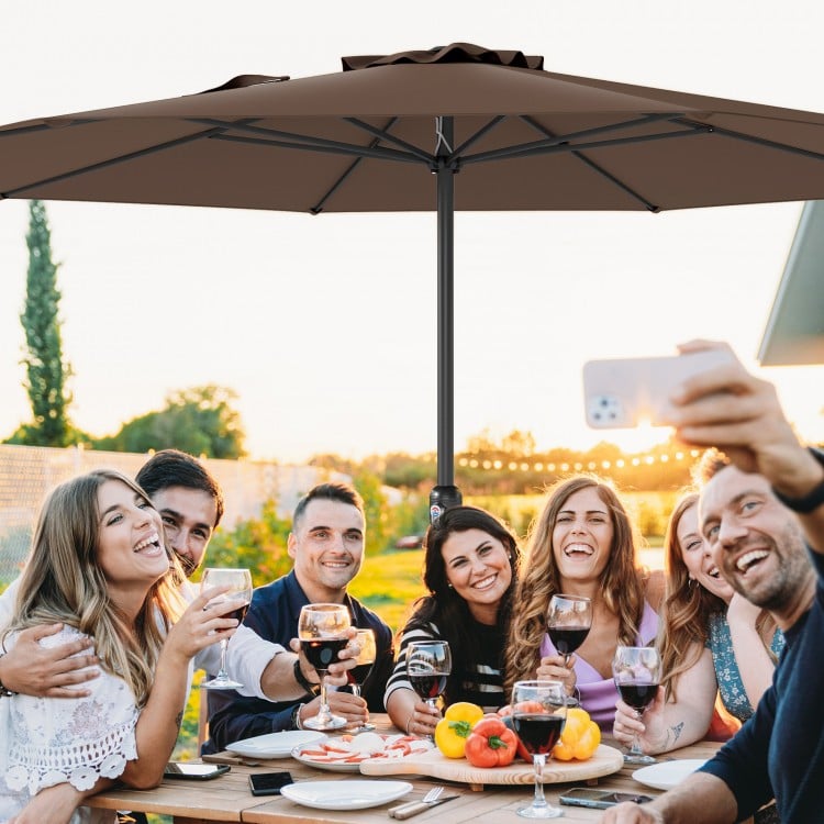 12 feet coffee patio umbrella with crank handle, providing large shade for outdoor gatherings and events.