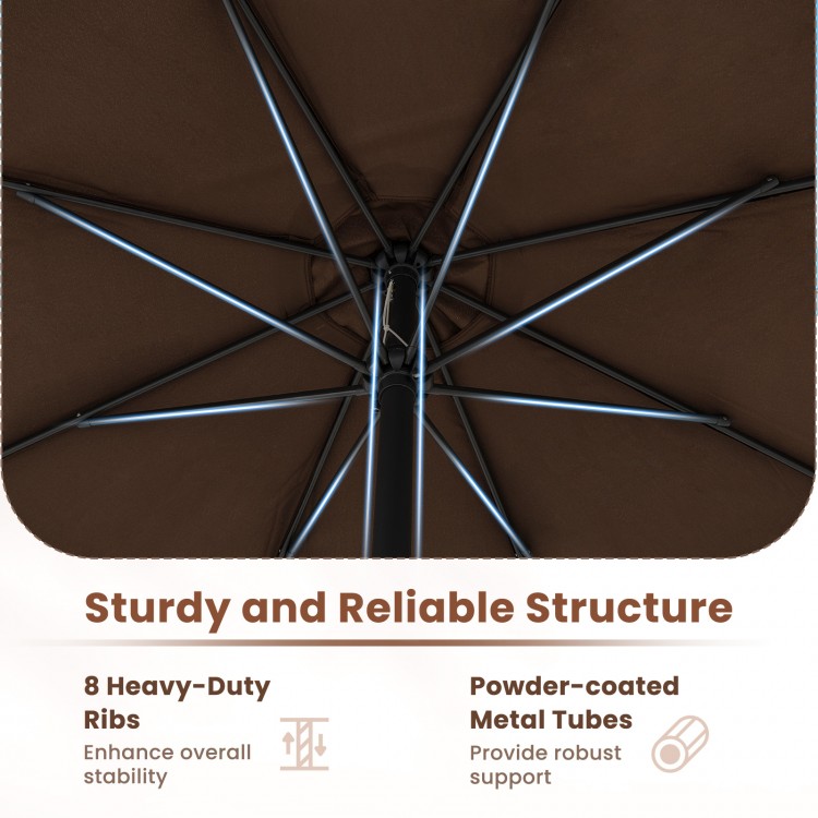 Close-up of the 12 feet patio umbrella's sturdy structure featuring 8 heavy-duty ribs and powder-coated metal tubes.