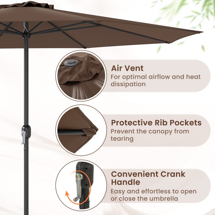12-foot coffee patio umbrella with crank handle, featuring protective rib pockets and air vent for optimal airflow.