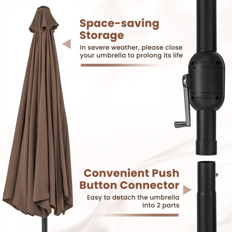 12-foot coffee patio umbrella with crank handle, featuring space-saving storage and a durable, rustproof design.