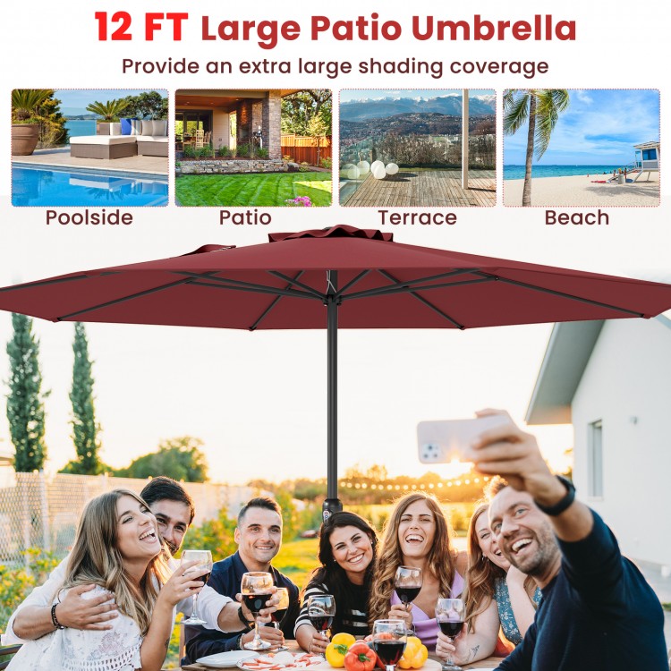 12 ft red patio umbrella with crank handle and 8 sturdy ribs, perfect for poolside or patio shading.