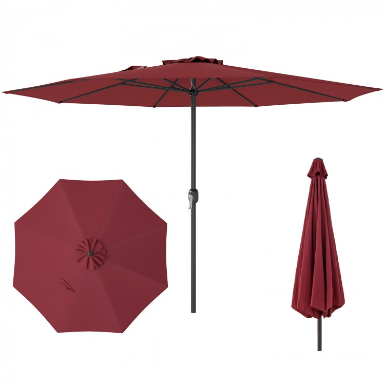 12-foot red patio umbrella with crank handle and 8 sturdy ribs, ideal for outdoor shading at poolsides and patios.