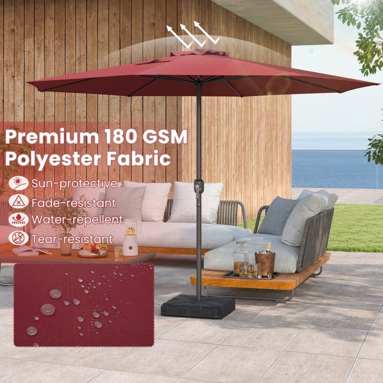 12-foot red patio umbrella with crank handle, 8 sturdy ribs, made of fade-resistant, water-repellent polyester fabric.