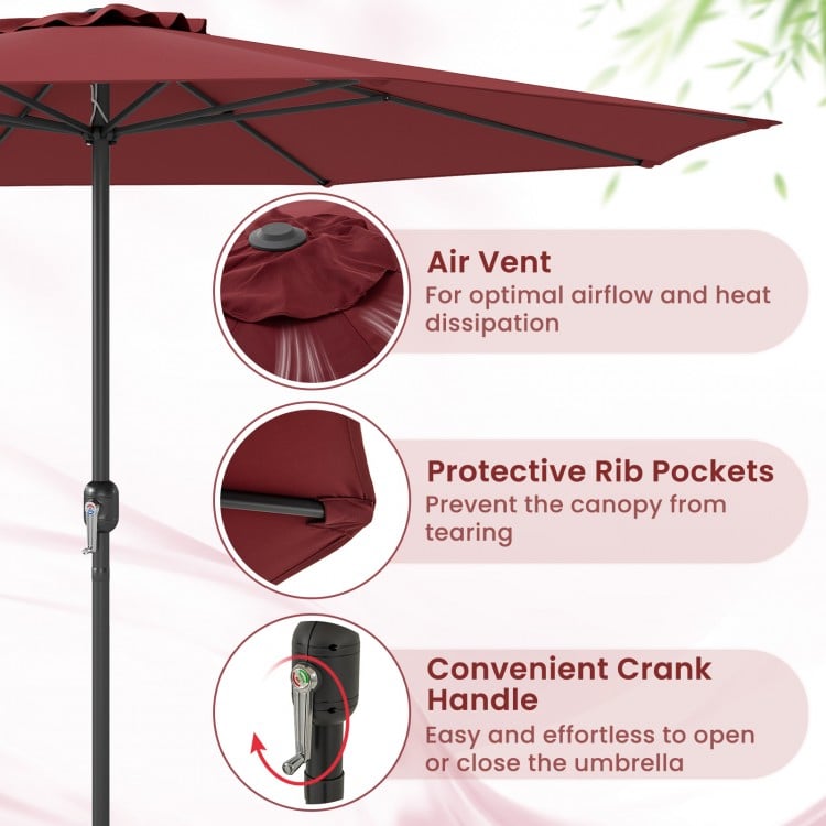 12-foot red patio umbrella featuring a crank handle, air vent, and protective rib pockets for optimal shading and.