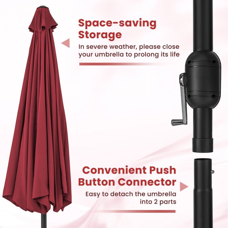 12-foot red patio umbrella with crank handle, featuring a push button connector for easy storage and 8 sturdy ribs.