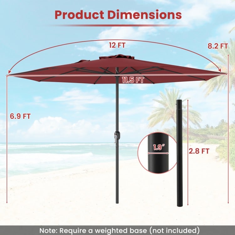 12 ft red patio umbrella with crank handle, 8 sturdy ribs, and dimensions for optimal shading at poolsides or patios.