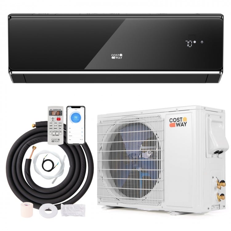 Black 12000 BTU mini split air conditioner and heater with WiFi, remote control, and 4-in-1 functionality for versatile.