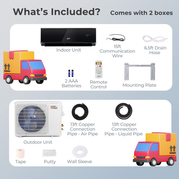 Indoor and outdoor units of the 12000 BTU mini split air conditioner with WiFi, remote control, and installation.