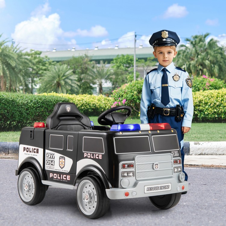 Battery-powered black police vehicle with realistic controls, lights, and megaphone for fun role-playing adventures.