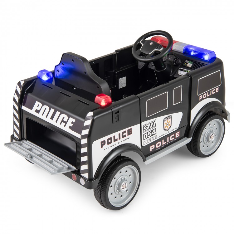 Battery-powered electric police vehicle with remote control, flashing lights, and realistic driving features for kids.