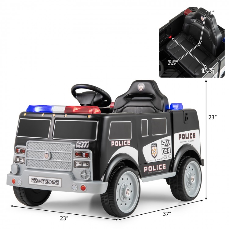 Battery-powered electric police vehicle with realistic features, remote control, and multifunctional panel for kids'.