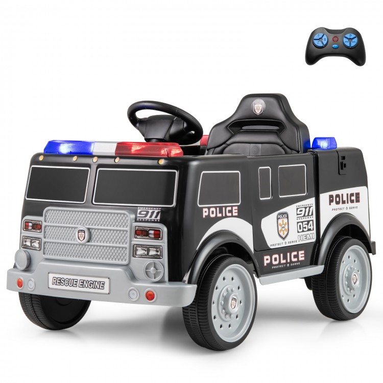 Battery-powered police vehicle in black with remote control, lights, and realistic features for kids' fun and safety.
