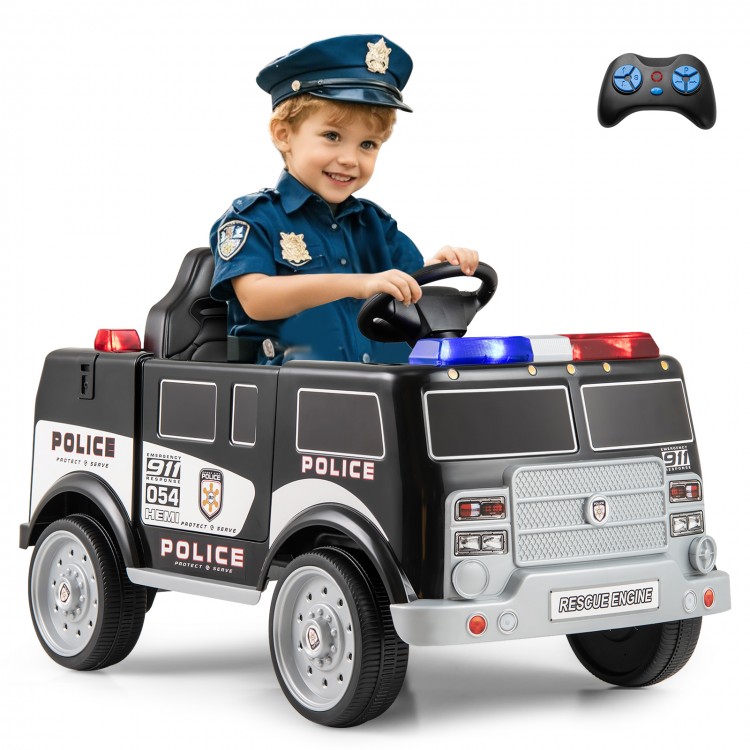 Battery-powered electric police vehicle in black with remote control, lights, and megaphone for kids' fun role-playing.