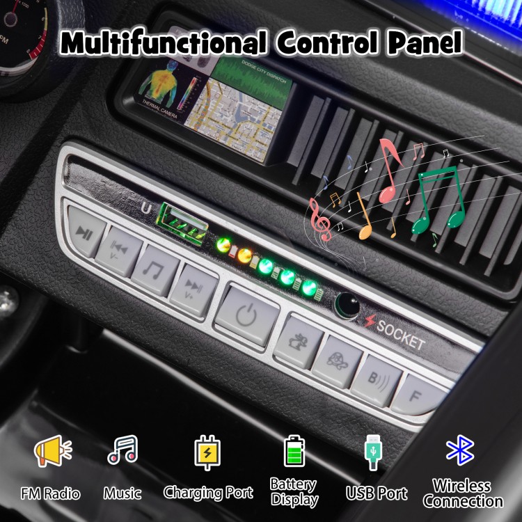 Multifunctional control panel featuring USB port, battery display, and music controls for the 12V electric vehicle.