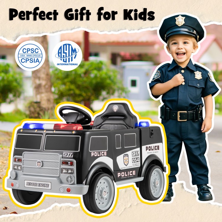Battery-powered electric police vehicle in black with realistic features, remote control, and fun sound effects for.