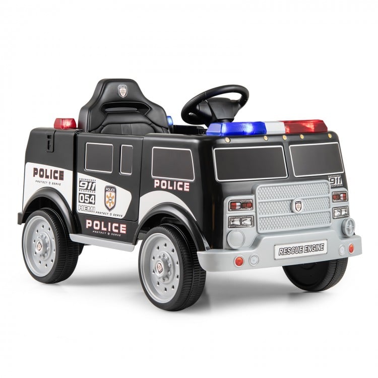 Battery-powered police vehicle with realistic features, remote control, and multifunctional panel for kids' fun and.