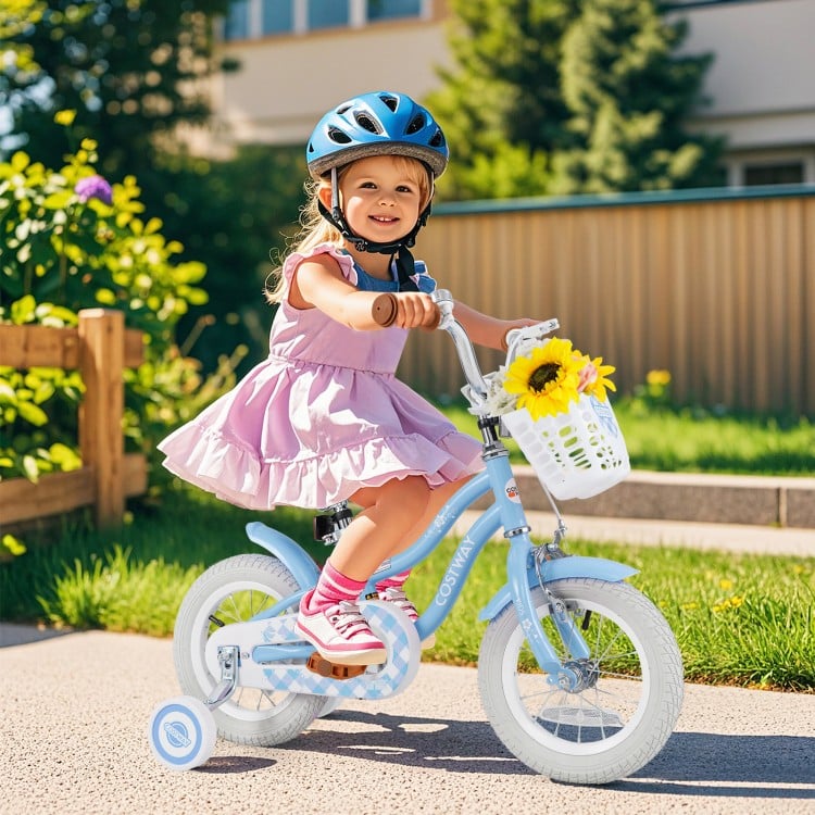 Kids bike with adjustable handlebar and seat, removable basket, and training wheels for ages 3-4, perfect for outdoor.
