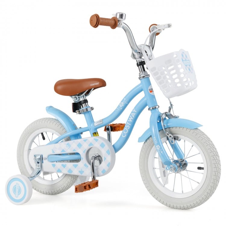 Blue 12-inch kids bike with adjustable seat, removable basket, and training wheels for ages 3-4, ensuring safe riding.