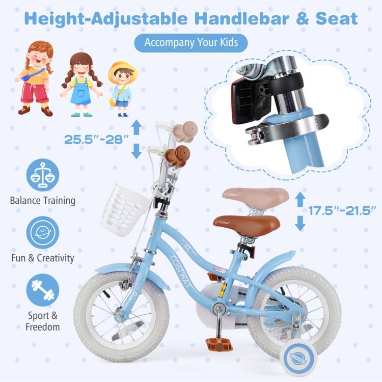 12-inch kids bike in blue with adjustable handlebar and seat, removable basket, and dual brake system for safety.