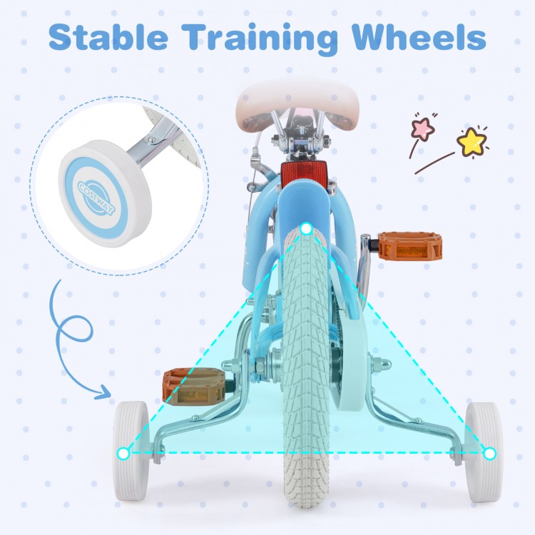 Stable training wheels on a 12-inch kids bike with adjustable handlebar and seat for beginners aged 3-4 years.