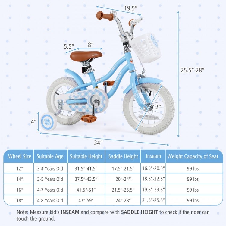 12-inch kids bike in blue with adjustable seat, removable basket, and training wheels for ages 3-4 years old.