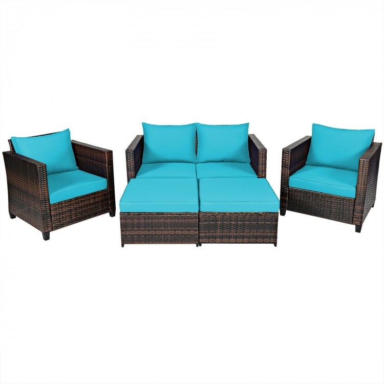 Front view of the 5-piece patio cushioned rattan furniture set in turquoise, showcasing its stylish design and comfort.