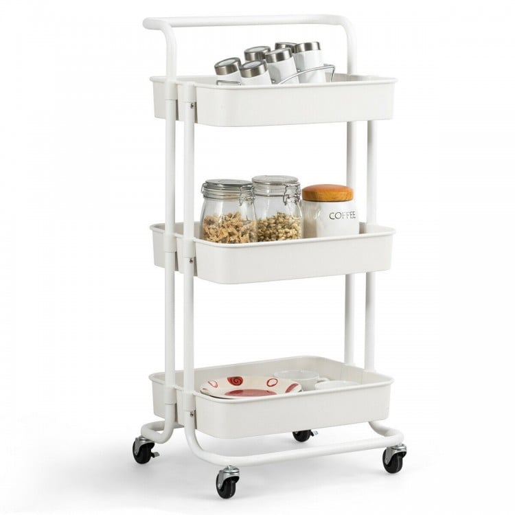 3-tier white utility cart with casters, featuring ABS baskets and metal frame, ideal for kitchen and small spaces.
