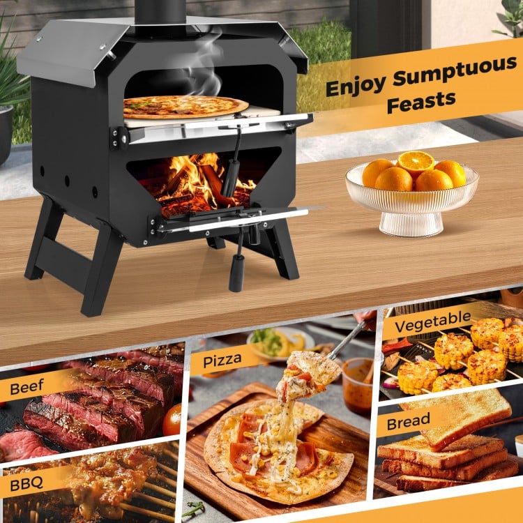 12-inch outdoor pizza oven in black with pizza stone, ideal for BBQ, camping, and outdoor feasts.